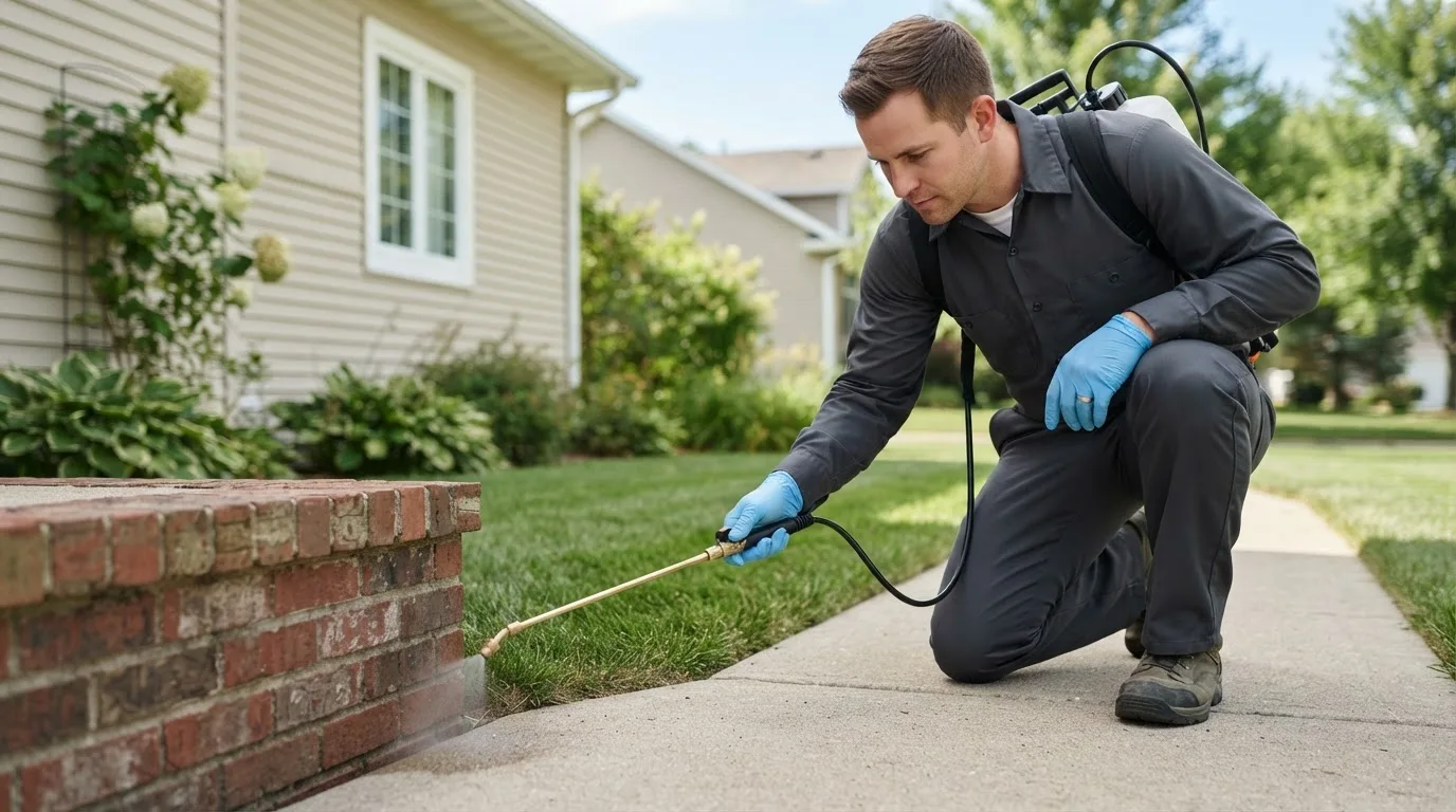 Pest control technician treating a home near Buchtel, OH