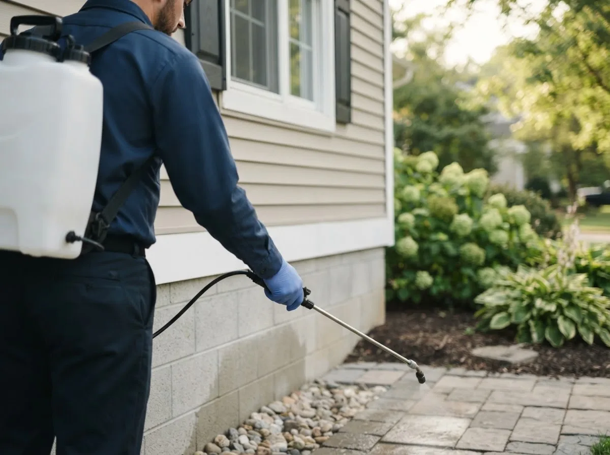 Pest control technician inspecting a home in Buchtel, OH